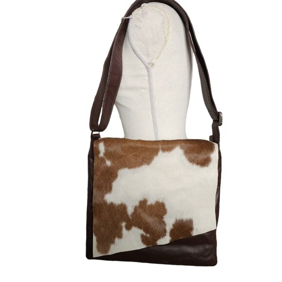 lli New York Brown Leather Calf Hair Flap Vertical Crossbody Bag - Picture 1 of 5